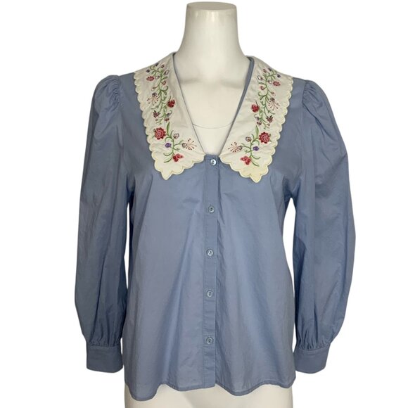RIXO Tops - Rixo Lila Blouse S Cornflower Long Sleeve Button Up Embroidered Collar Prairie